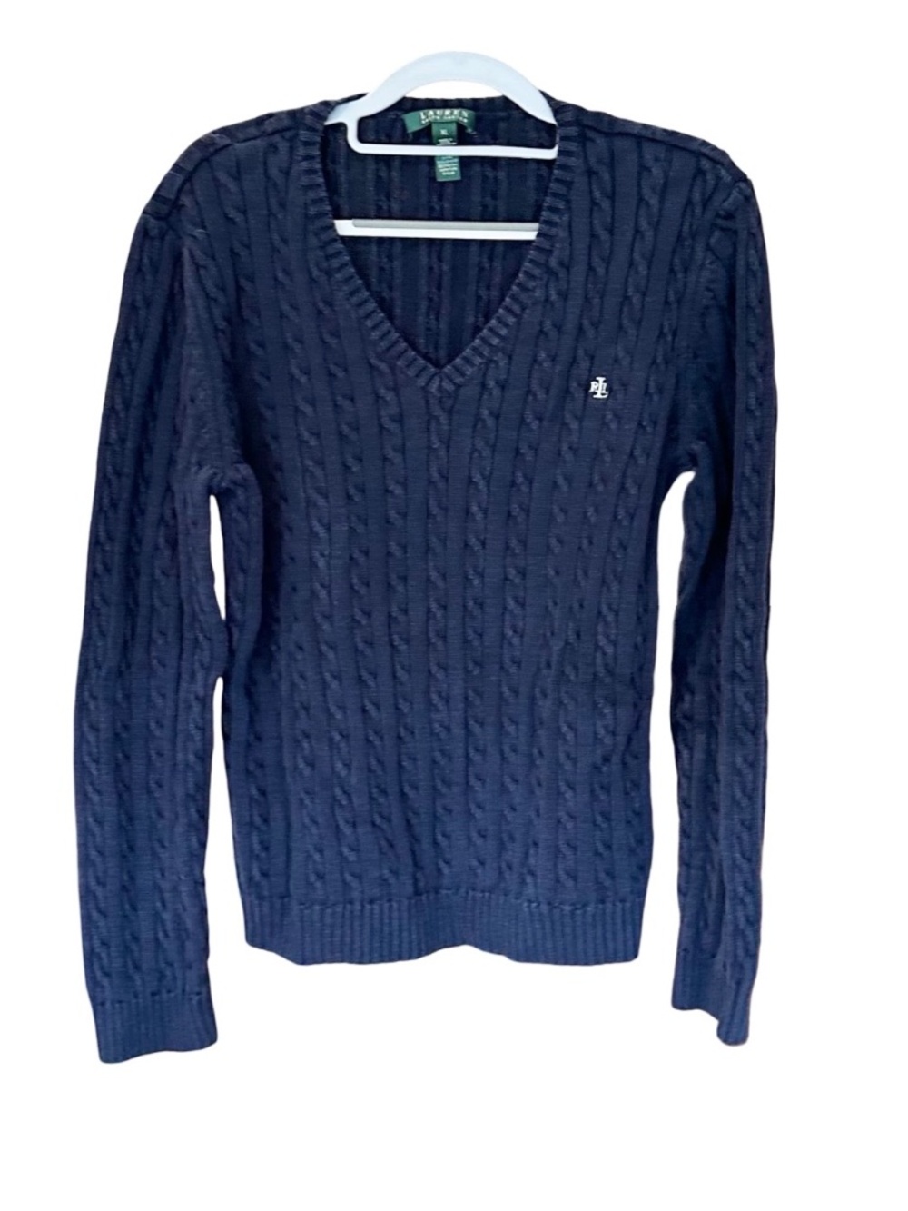 Lauren Ralph Lauren Women's Cable Knit V-Neck Sweater Navy Blue Size XL